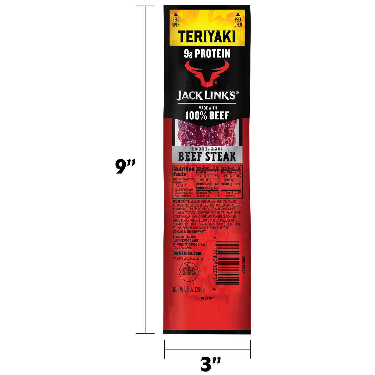 Jack Link's Beef Steak, Teriyaki – Protein Snacks, Meat Snack with 9g of Protein, Made with 100% Beef, Individually Wrapped Bulk Snack Pack, Keto Friendly – 1 Oz. (12 Count)
