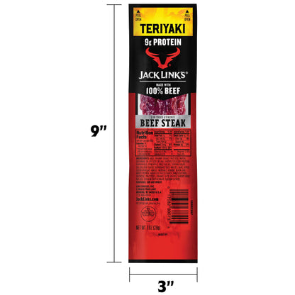 Jack Link's Beef Steak, Teriyaki – Protein Snacks, Meat Snack with 9g of Protein, Made with 100% Beef, Individually Wrapped Bulk Snack Pack, Keto Friendly – 1 Oz. (12 Count)