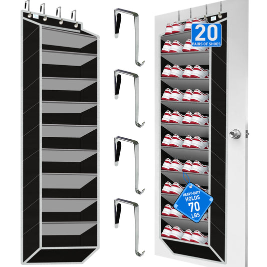 zebricolo,Heavy-Duty, Over The Door Shoe Organizer, Extra Large 10 Tiers, Over Door Shoe Organizer, Coated Hooks Grip Firmly Without Scratching Paint,75LB, Door Shoe Rack,Grey