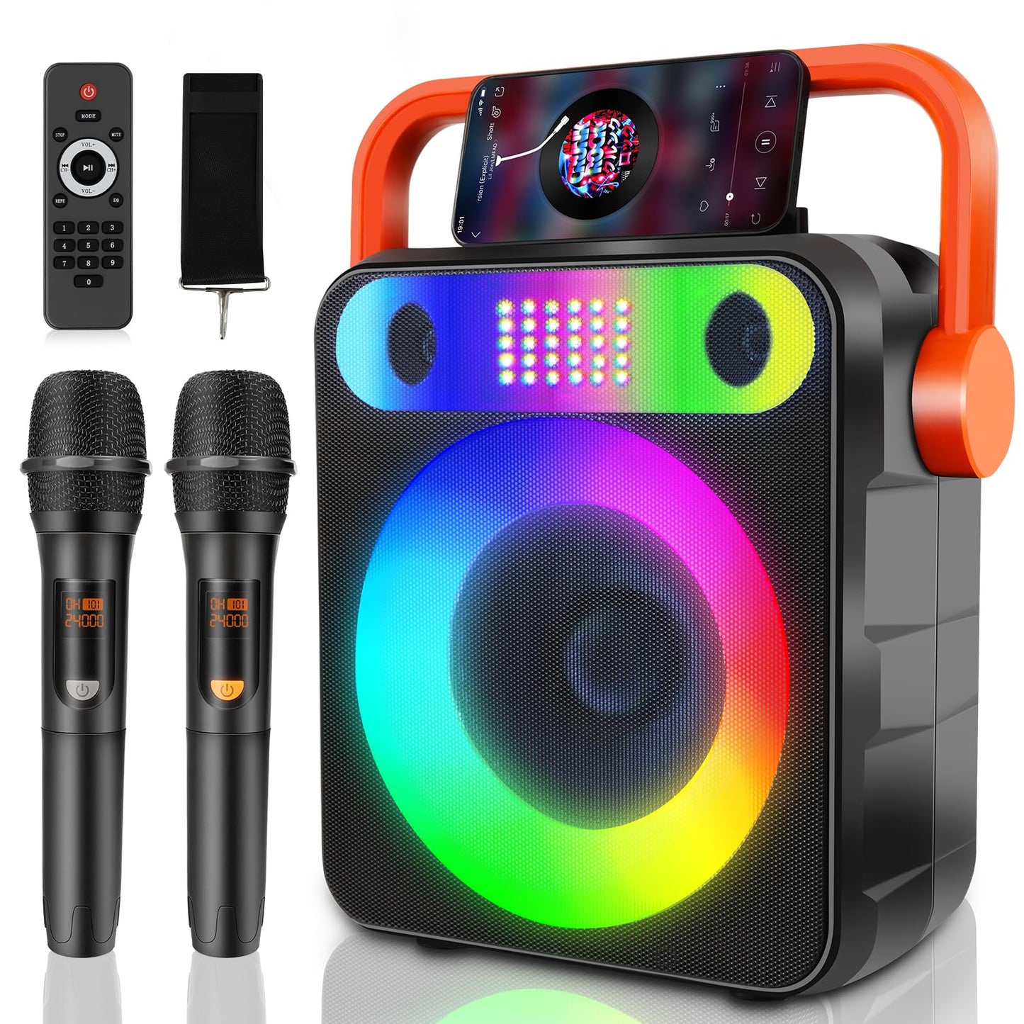 DFTRT Karaoke Machine with Two Wireless Microphones, Portable Bluetooth Speaker with Strobe Lights, Karaoke Machine for Adults & Kids, Karaoke Speaker Supports TF Card/USB, AUX in, FM, REC,TWS