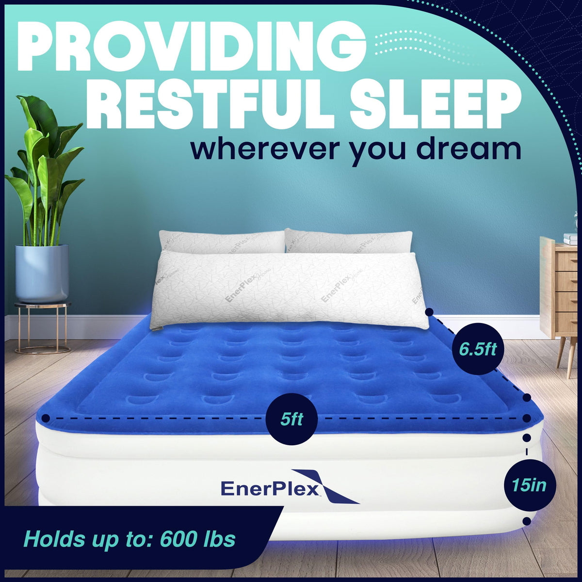 EnerPlex Queen Air Mattress with Built in Pump - 15" Luxury Size Self-Inflating Blow Up Mattress with Neck Support - Inflatable Air Bed for Portable Travel & Home Use (Blue/White)