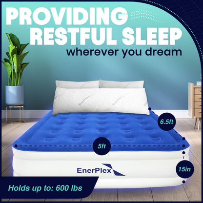EnerPlex Queen Air Mattress with Built in Pump - 15" Luxury Size Self-Inflating Blow Up Mattress with Neck Support - Inflatable Air Bed for Portable Travel & Home Use (Blue/White)