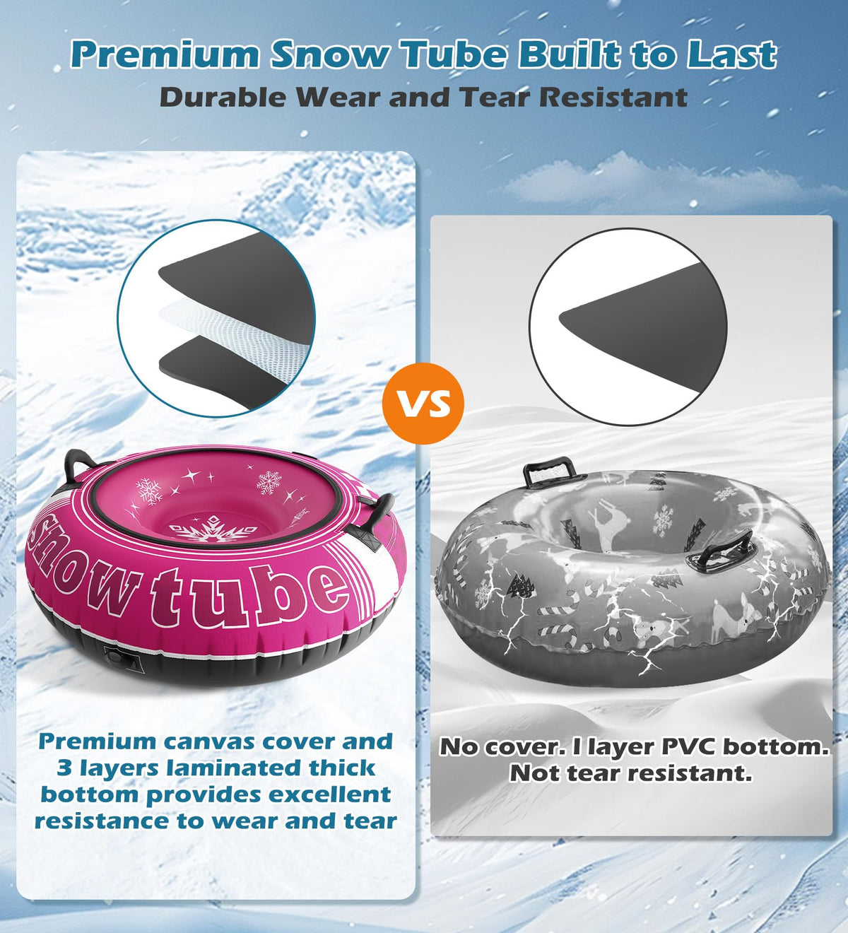 Jasonwell Inflatable Snow Tube Sled - 48" Heavy Duty Snow Tubes for Sledding with Premium Canvas Cover for Kids Adults Snow Toy Fun Winter Outdoor Toys Christmas Birthday Gift for Boys Girls Children
