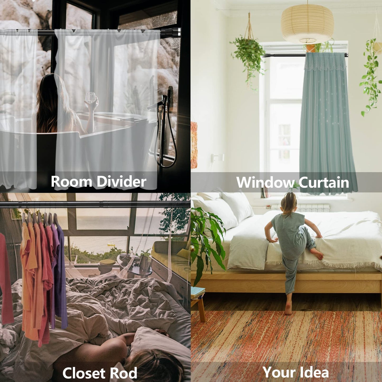 Black Shower Curtain Rod 48 to 84 Inch Adjustable Heavy Duty Stainless Steel Spring Tension Curtain Rods for Bathroom Windows Closet Rod No Drill