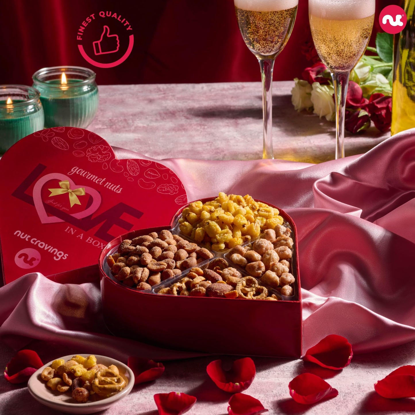 NUT CRAVINGS - Valentines Day Mixed Nuts Heart Shaped Gift Basket, Love in A Box (4 Assortments) Romantic Food Arrangement, Healthy Snack Care Package, Food Assortments