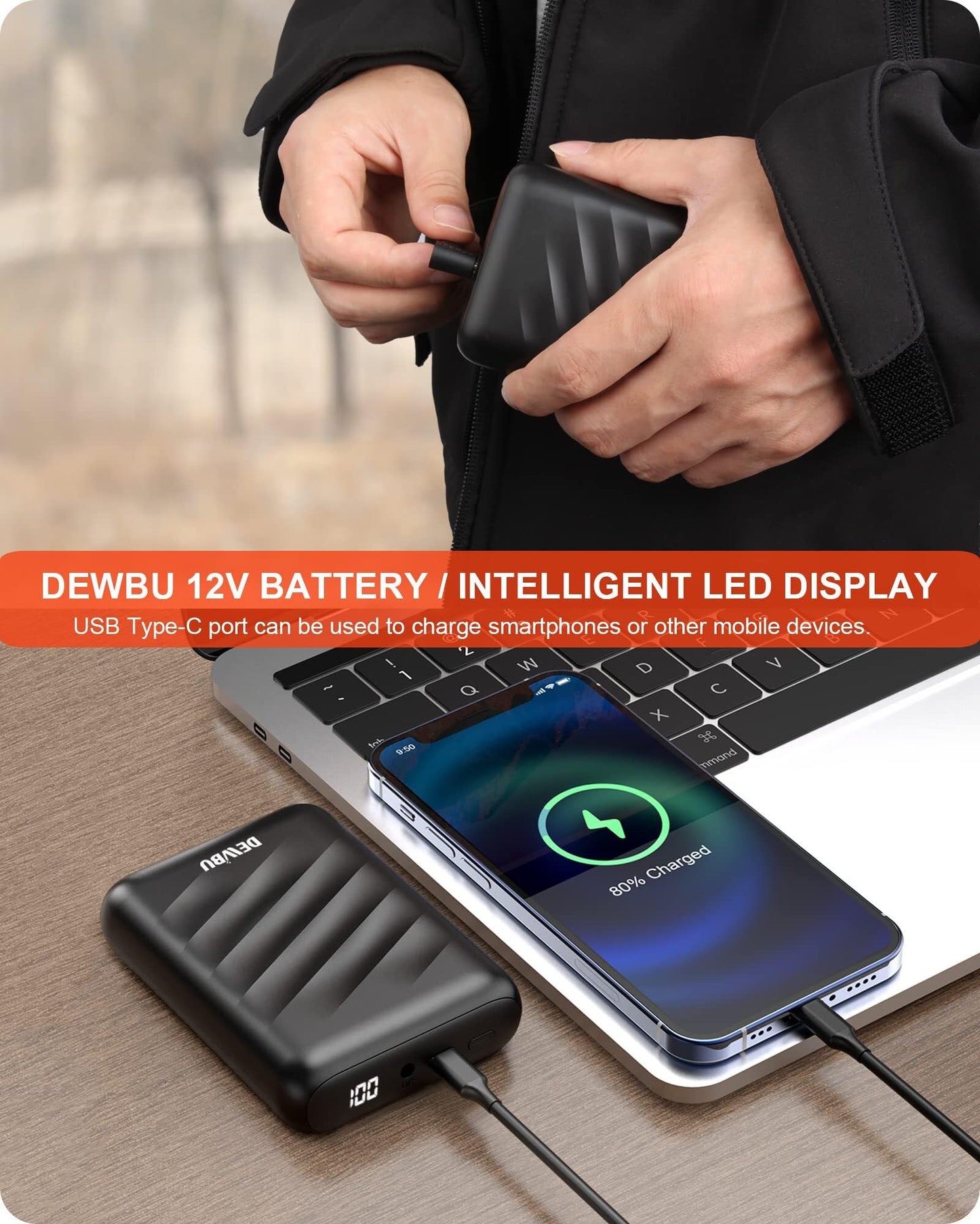 DEWBU Heated Jacket for Men with 12V Battery Pack Winter Outdoor Soft Shell Electric Heating Coat, Men's Black, XL