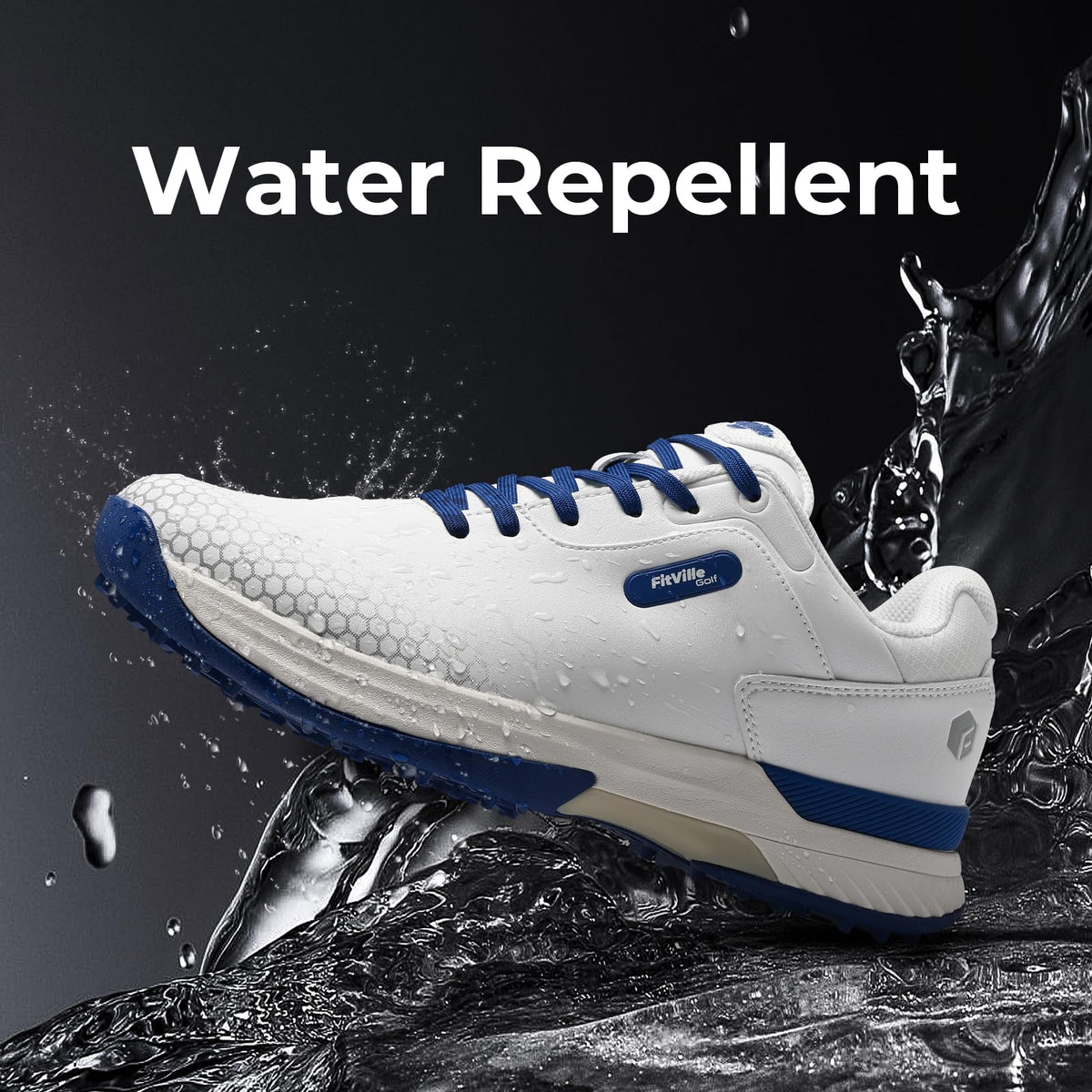 FitVille Wide Mens Golf Shoes Professional Outdoor Waterproof Spiked Golf Shoes for Men(White Blue, 10.5 Wide)