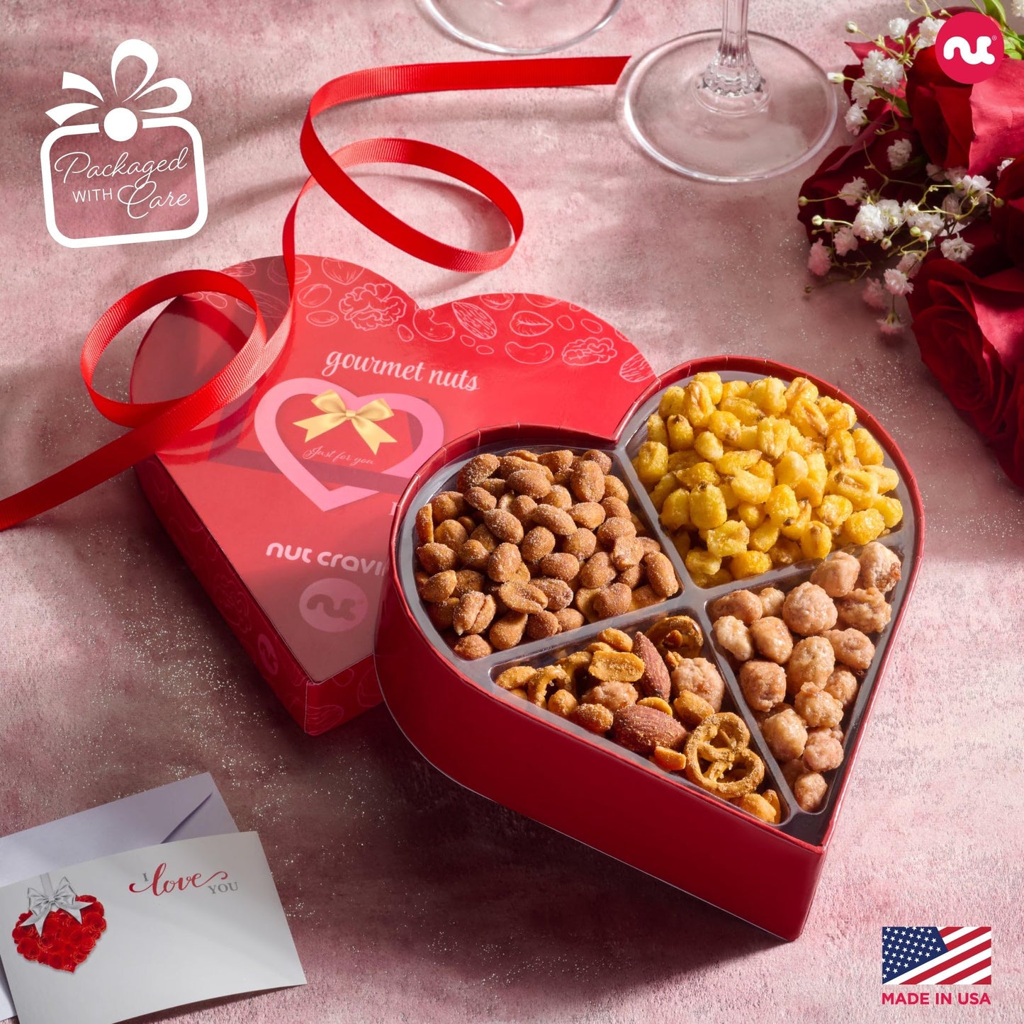 NUT CRAVINGS - Valentines Day Mixed Nuts Heart Shaped Gift Basket, Love in A Box (4 Assortments) Romantic Food Arrangement, Healthy Snack Care Package, Food Assortments