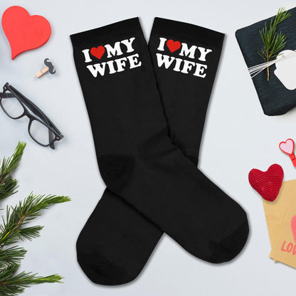 VICRAZY Valentines Day Gifts for Him, Husband, Men - Funny Gifts for Husband from Wife - Couple Gift For Anniversary, Wedding - Unique Stocking Stuffers, Birthday gift - I Love My Wife Socks