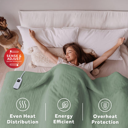 Sunbeam Royal Ultra Fleece Heated Electric Blanket Twin Size, 84" x 62", 12 Heat Settings, 12-Hour Selectable Auto Shut-Off, Fast Heating, Machine Washable, Warm and Cozy, Matcha