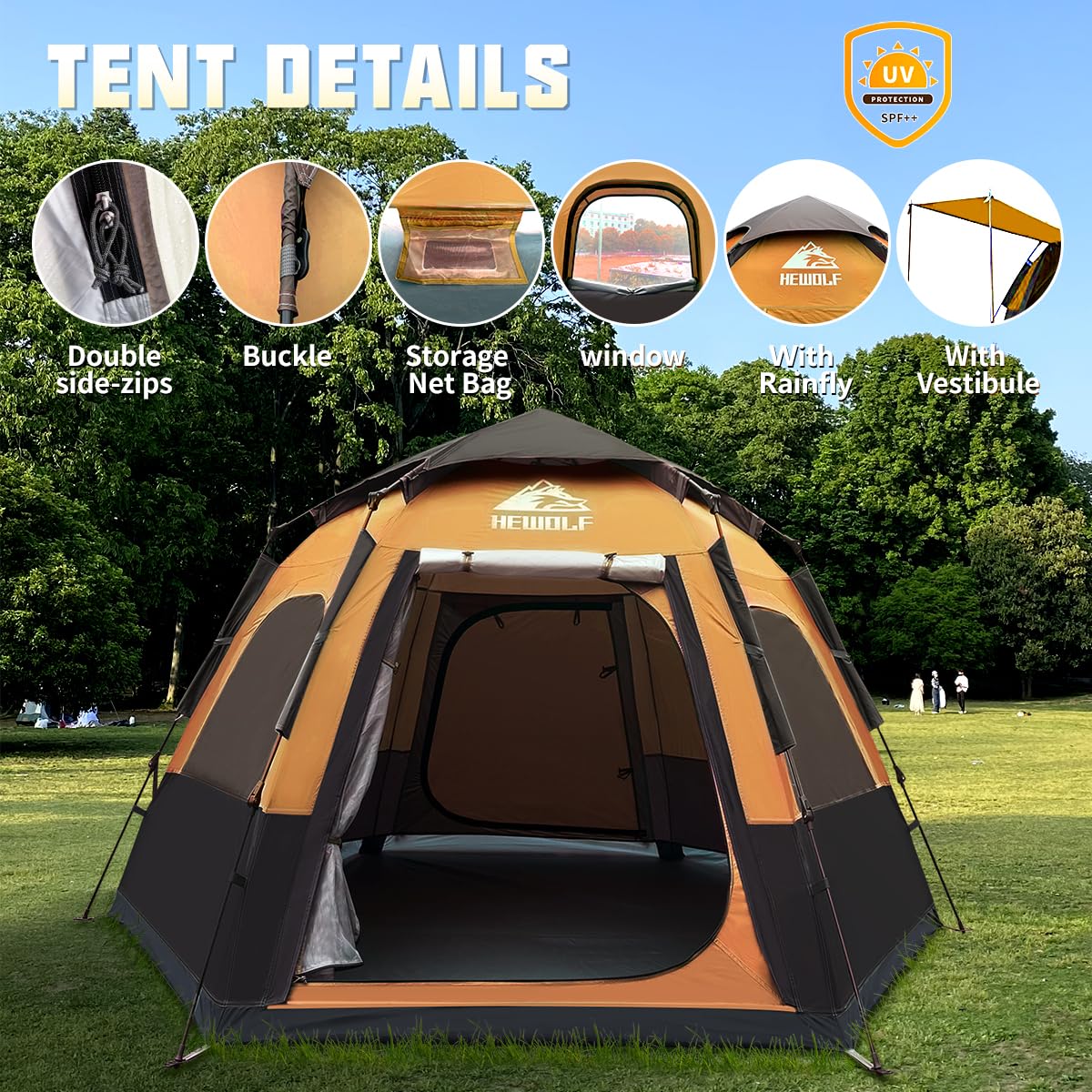 Hewolf 2/3/4 Person Camping Tent - Instant Pop Up Waterproof 2 Doors Tent with Easy Setup | 3-Season Hexagonal Dome Design for Family, Hiking & Traveling (Yellow)