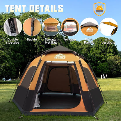 Hewolf 2/3/4 Person Camping Tent - Instant Pop Up Waterproof 2 Doors Tent with Easy Setup | 3-Season Hexagonal Dome Design for Family, Hiking & Traveling (Yellow)