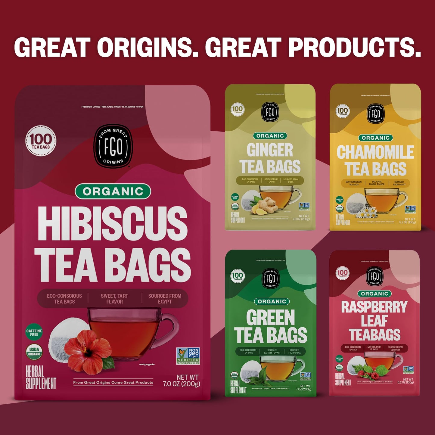 FGO Organic Hibiscus Tea, 100 Count, Eco-Conscious Tea Bags, Caffeine Free, Packaging May Vary (Pack of 1)
