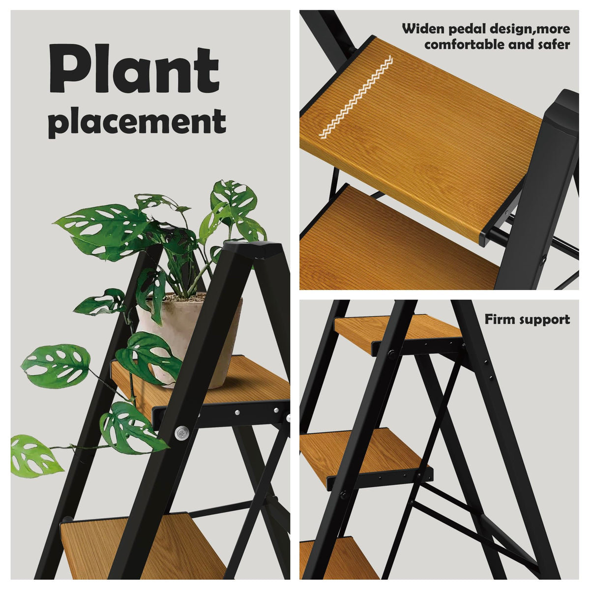 Taranta 3 Step Ladder,Aluminum Lightweight Folding 3 Step Stool with Anti-Slip Wide Pedal, 330lbs Capacity Step Ladder for Household,Kitchen,Office - BlackWoodgrain
