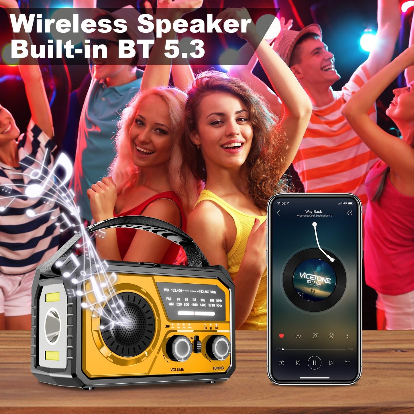 16000mAh Hand Crank Emergency Weather Radio with Wireless Speaker, 59200mWh NOAA AM FM Solar Radio with Flashlight Cell Phone Charger Reading Lamp Compass SOS for Camping and Survival (Orange)