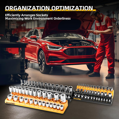 GRENPRO Socket Organizer for Tool Box Drawer, 6pc 143 Metric & SAE Magnetic Socket Holder, 1/4", 3/8", 1/2" Drive Socket Tray Set, Magnetic Socket Organizer