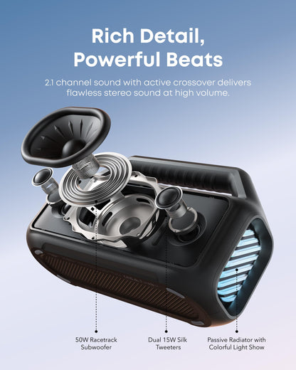 soundcore Boom 2 By Anker, Outdoor Speaker, 80W, Subwoofer, BassUp 2.0, 24H Playtime, IPX7 Waterproof, Floatable, RGB Lights, USB-C, Custom EQ, Bluetooth 5.3, Portable for Camping, Beach, and Backyard