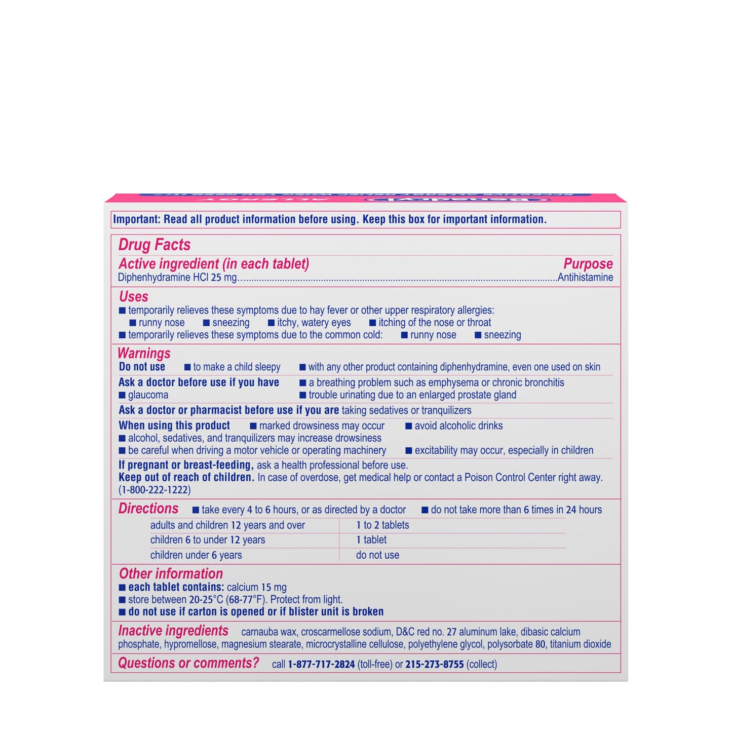 Benadryl Ultratabs Antihistamine Allergy Relief Medicine, 25 mg Diphenhydramine HCl Tablets for Relief of Cold & Allergy Symptoms Such as Sneezing, Runny Nose, & Itchy Eyes & Throat, 48 ct