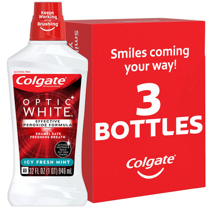 Colgate Optic White Whitening Mouthwash, Fresh Mint - 946mL, 32 Fluid Ounce (3 Pack)