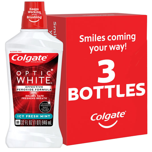 Colgate Optic White Whitening Mouthwash, Fresh Mint - 946mL, 32 Fluid Ounce (3 Pack)