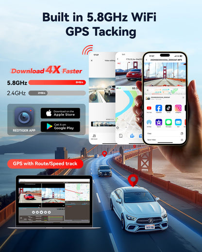 REDTIGER 4K HDR Dash Cam Front and Rear, STARVIS 2 Sensor, 5.8GHz WiFi APP, 3.18" Touchscreen, Voice Control, 128G Card Included, WDR, Dash Camera for Cars with GPS, 24H Parking Mode(F7N Elite)