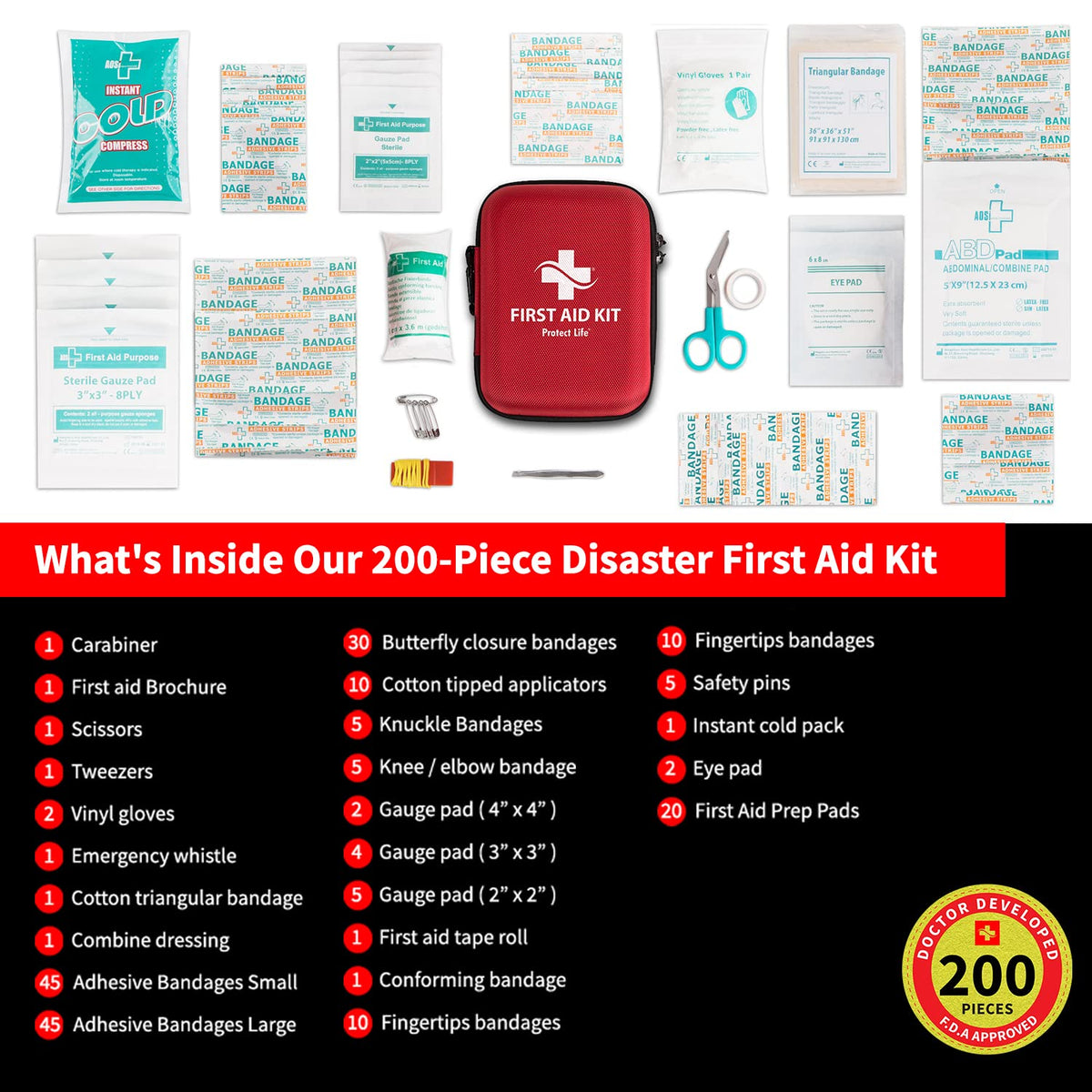Protect Life Survival First Aid Kit for Home/Business, Camping Survival Kits | Mini Travel First Aid Kit | Camping Equipment | Small Kits for Car | Outdoor Emergency Survivals Pack - 200pcs