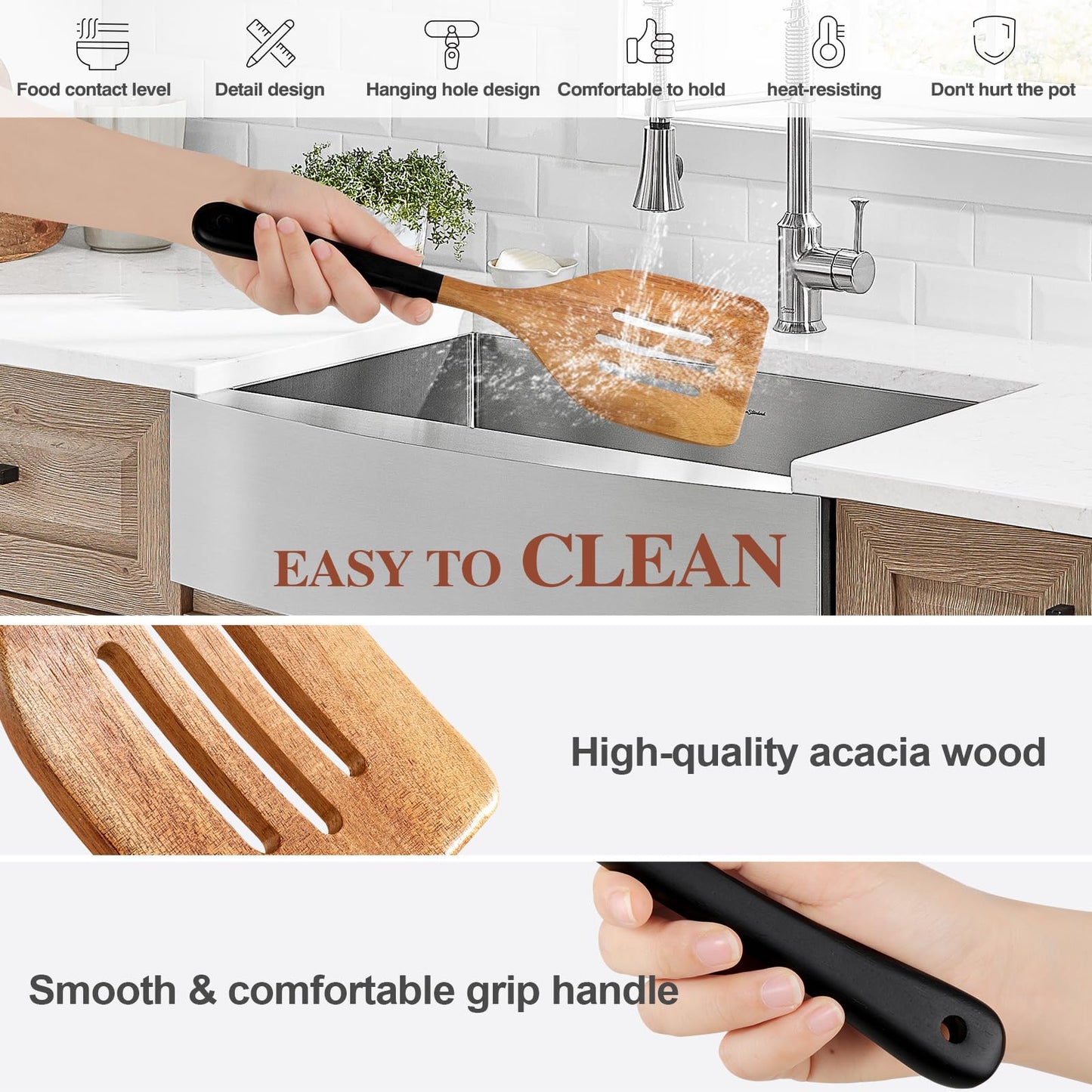 ROSOS Wooden Spoons For Cooking, 6 PCS Natural Acacia Wooden Cooking Utensils or Non-Stick Wooden Kitchen Utensil Set for Kitchen Essentials, Smooth Grip Wooden Spoons with Hanging Hole, Black