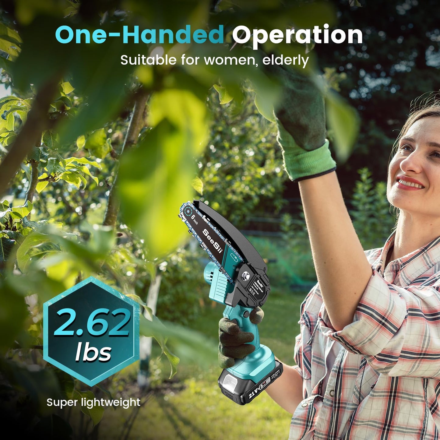 Seesii Mini Chainsaw Cordless 6-inch, Handheld Electric Power Chain Saw with 2 Batteries, for Tree Trimming Wood Cutting, Best Gifts for Dad, Husband