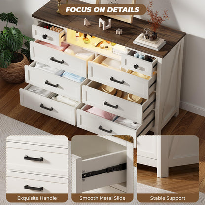 BROTTAR Dresser with Mirror for Bedroom, Chest of Drawers with LED Mirror, 8 Drawer Dresser, White Dressers for Kids, Wood Dressers, Farmhouse Makeup Vanity with Storage for Bedroom