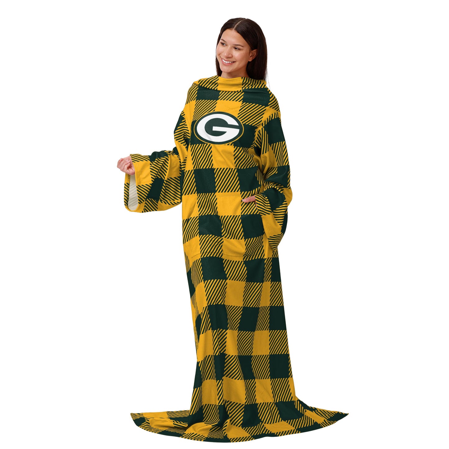 FOCO Green Bay Packers NFL Buffalo Plaid Oversized Wearable Throw Blanket - 48" x 71"