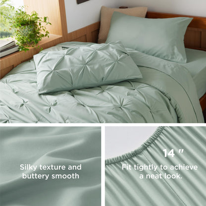Bedsure Twin XL Comforter Set - Extra Long 5 Pieces Dorm Bedding Sets, GentleSoft™ Pinch Pleat Sage Green Bed in a Bag with Pintuck Comforter, Sheets, Pillowcase & Sham