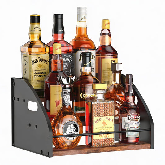 STAEVER 3-Tier Liquor Bottle Display Shelf, Exquisite Metal Design, Extra Large Bar Organizer for The Home Bar, Countertop Wine Rack with Smooth Handles, Retro Bar Shelf Stand for Whiskey, Spirits