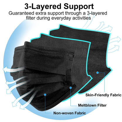 Egook Black Disposable Face Masks, 100 Pack 3 Ply Protection Face Mask, Soft Breathable Disposable Masks For Adults, Male-Female, Teenagers, Daily Use, Outdoors, School and Office