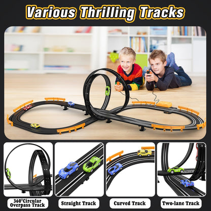 Slot-Car-Race-Track-Sets for Boys Kids, Battery or Electric Race Car Track with 4 High-Speed Slot Cars, Dual Racing Game 2 Hand Controllers Circular Overpass Track, Toys Gifts for 6-8 8-12 Boys Girls