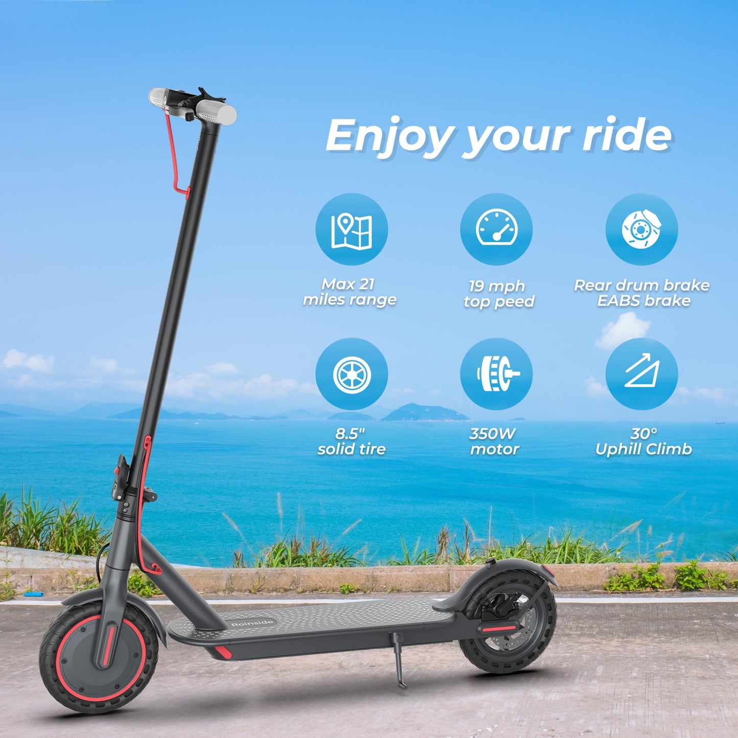 Roinside Electric Scooter Adults - 8.5" Solid Tires/350W Motor, 19 MPH Digital Display, Up to 21 Miles Long-Range Commuting Folding E-Scooter with Dual Braking System and App Control