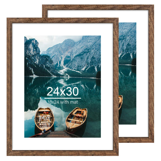 Hongkee 24x30 Frame Set of 2, Rustic Brown Wood Style - Display 18x24 Picture Frame with Mat or 24 x 30 Poster without Mat, Wall Mounting Horizontal and Vertical