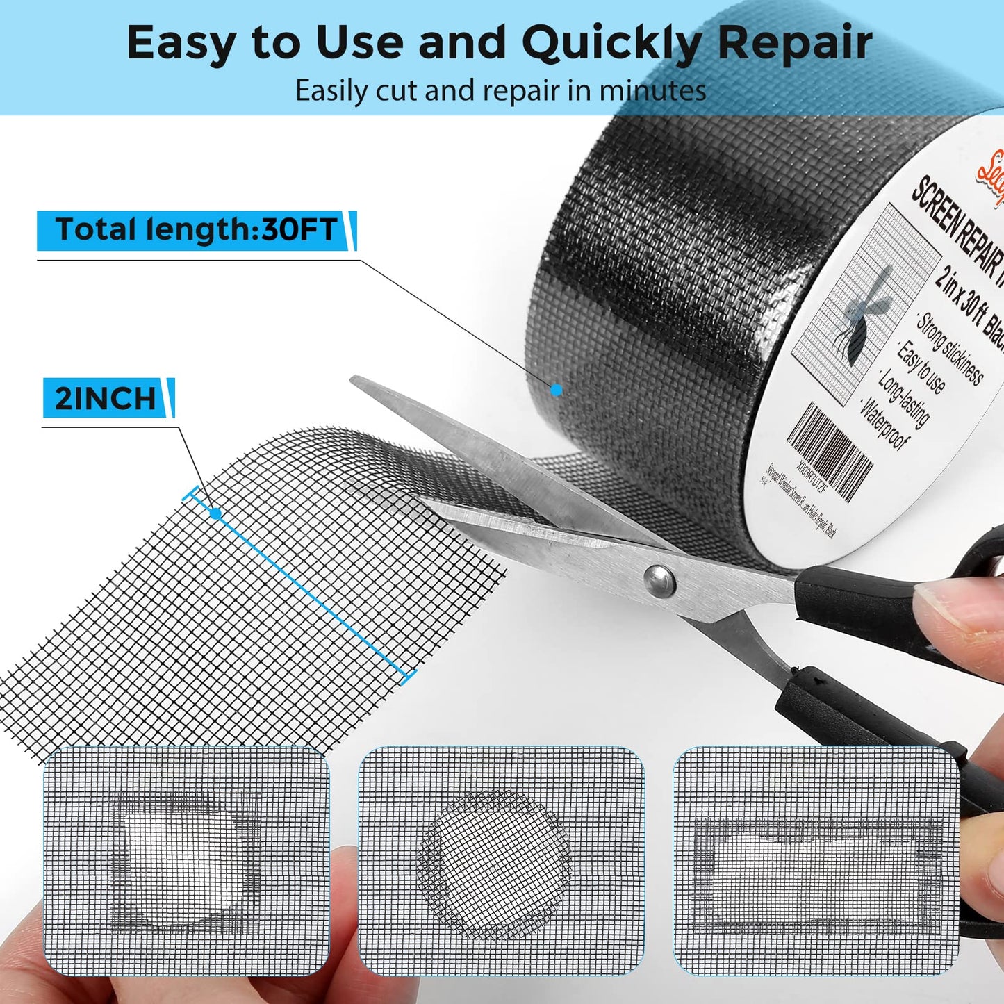Secopad Black Window Screen Repair Tape, 2 in X 30 FT (360IN) Screen Repair Kit for Windows or Doors, Strong Adhesive Fiberglass Mesh Patch Tape