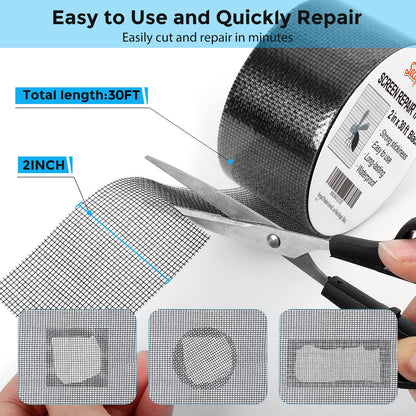 Secopad Black Window Screen Repair Tape, 2 in X 30 FT (360IN) Screen Repair Kit for Windows or Doors, Strong Adhesive Fiberglass Mesh Patch Tape