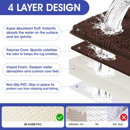 ACCUMTEK Striped Brown Bathroom Rug Mat 32"x20" Ultra Soft, Non Slip Chenille Bath Rugs, Absorbent Plush Shaggy Bath Mats for Bathroom, Bedroom, Kitchen, Shower, Tub