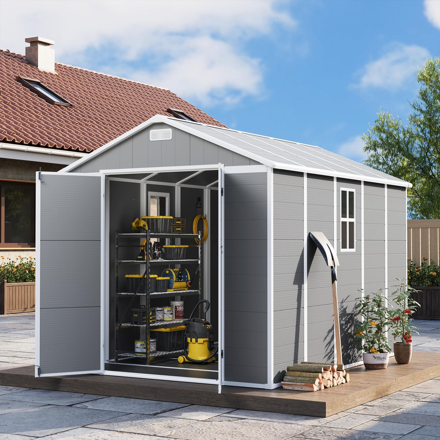 UDPATIO Storage Shed 8 x 10 FT, Resin Outdoor Garden Sheds with Floor Plastic Patio Outdoor Storage with Lockable Door for Tool, Bike, Garbage Gray White