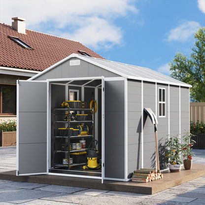 UDPATIO Storage Shed 8 x 10 FT, Resin Outdoor Garden Sheds with Floor Plastic Patio Outdoor Storage with Lockable Door for Tool, Bike, Garbage Gray White