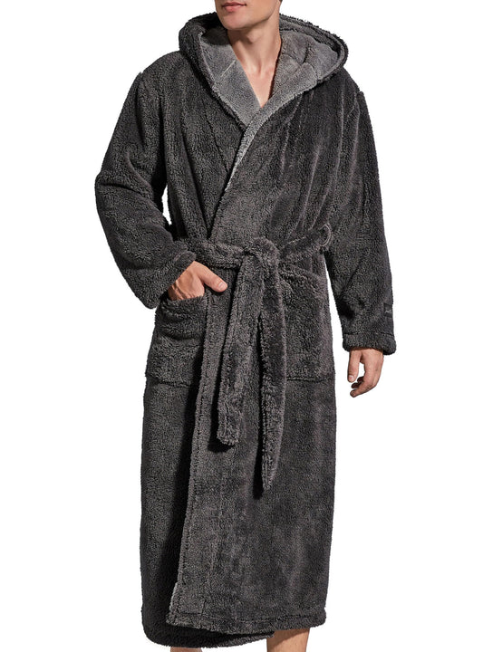 SlumberMee Mens Fleece Plush Robe with Hood Ultra Soft Fluffy Full Length Long with Pockets Luxurious House Coat (Dark Grey, XL)