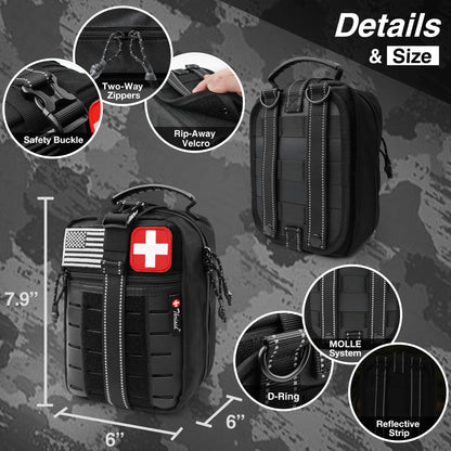 Survival First Aid Kit with Israeli Bandage, Chest Seal, Tourniquet, Splint, Tactical Military Combat Molle IFAK for Wound Care, Bleeding Control, Trauma Hemorrhage and More (Black)