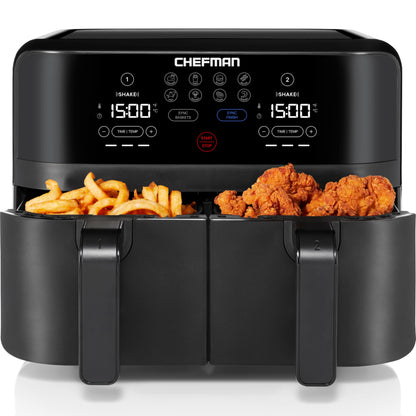 Chefman TurboFry Touch Dual Air Fryer, Maximize The Healthiest Meals With Double Basket Capacity, One-Touch Digital Controls And Shake Reminder For The Perfect Crispy And Low-Calorie Finish