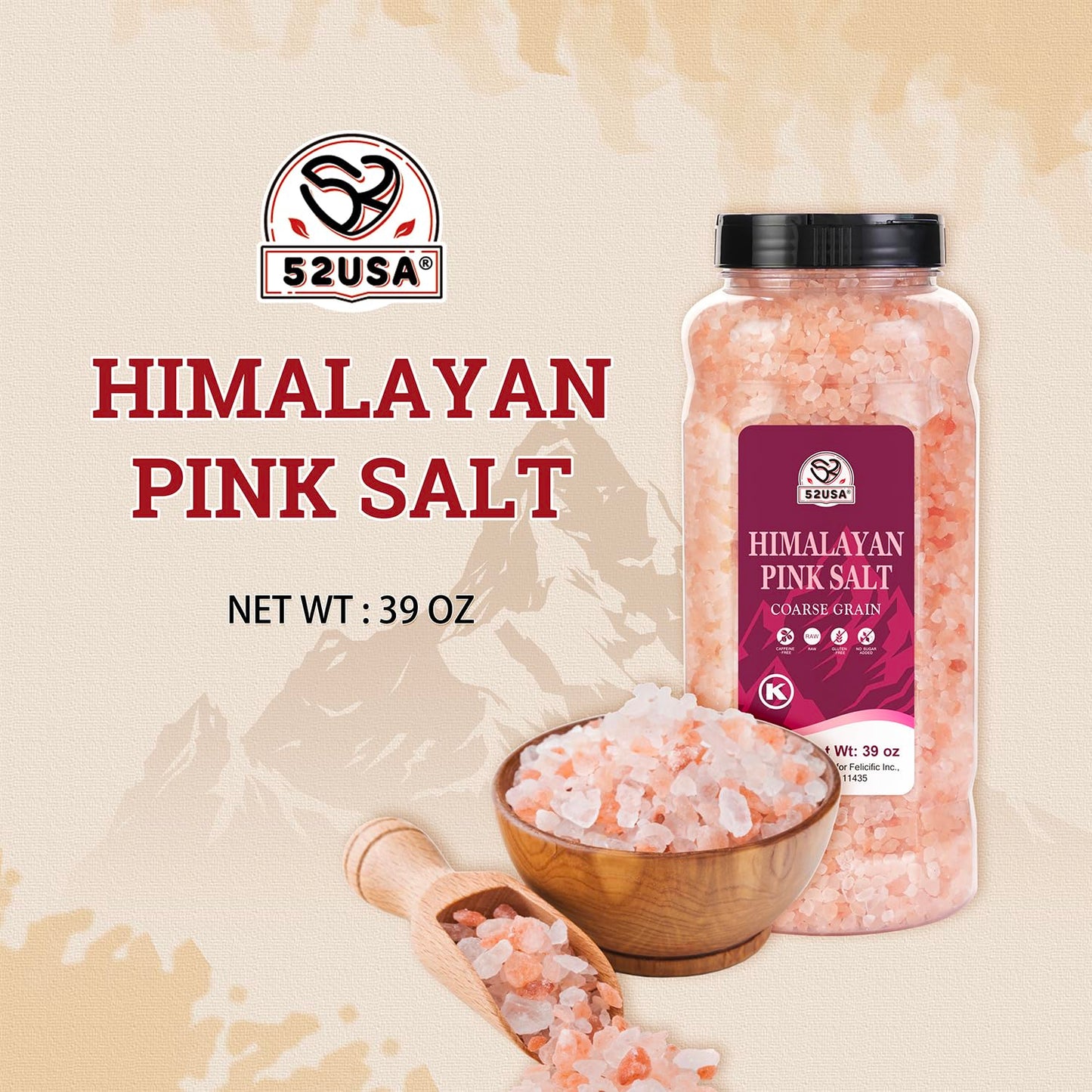 52USA Himalayan Pink Salt, Coarse Grain, 39 oz (2.4 LB), Pink Himalayan Sea Salt, Kosher Salt, Sea Salt for Grinder Refill, Himalayan Salt