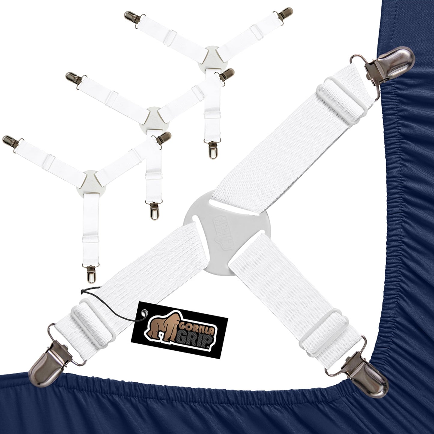GORILLA GRIP Bed Sheet Straps, Adjustable Elastic Fasteners with Metal Clips, Keep in Place Fitted Bedding Holder, Easy Install Suspenders Mattress, Firm Tight Accessories, 4 Pack White