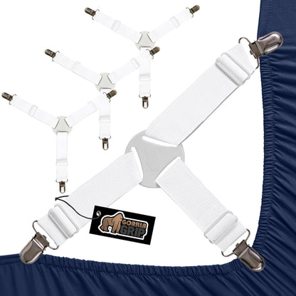GORILLA GRIP Bed Sheet Straps, Adjustable Elastic Fasteners with Metal Clips, Keep in Place Fitted Bedding Holder, Easy Install Suspenders Mattress, Firm Tight Accessories, 4 Pack White