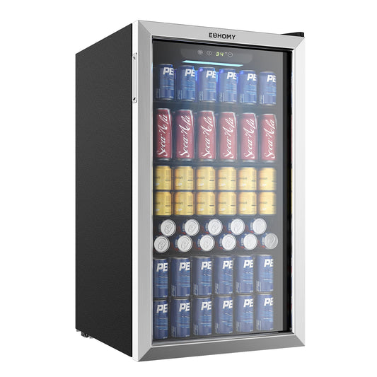EUHOMY Beverage Refrigerator Cooler, 130 Can Mini Fridge with Glass Door for Soda Beer or Wine, Beverage Cooler for Home, Office, Bar with Adjustable Removable Shelves, Silver