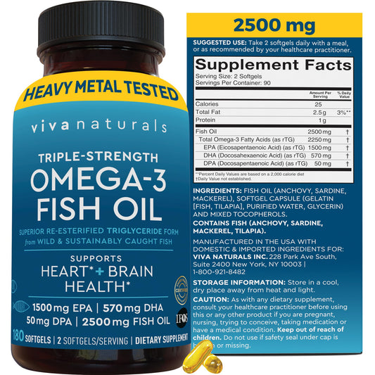 Omega 3 Fish Oil Supplement for Women and Men - 2500 mg Triple Strength Fish Oil Pills with Re-Esterified Omega 3 Fatty Acids including EPA, DHA DPA - 180 Pescatarian-Friendly Softgels