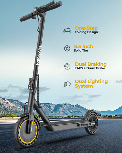 Electric Scooter with 350W Brushless Motor, 19 MPH Max Speed, 15 Miles Range, 8.5" Solid Tire, 3 Speed Modes, Cruise Control, Portable Commuter Escooter with APP, Dual Brake & E-Lock